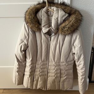Calvin Klein Women's Beige Puffer Jacket with Faux Fur Trim